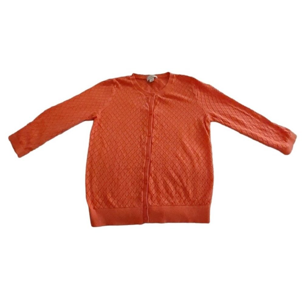 LOFT Cardigan Sweater Diamond Stitch Orange Button Front  M School Office